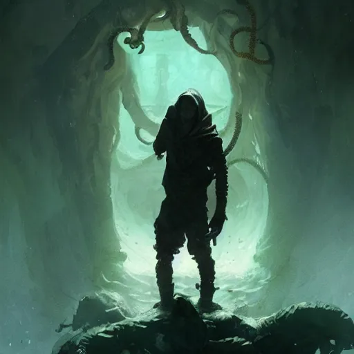 Image similar to a boy confronting cthulhu, by greg rutkowski