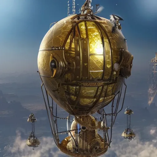 Prompt: enormous flying fortress in a faberge egg, sky, steampunk, fantasy art, masterpiece, unreal engine