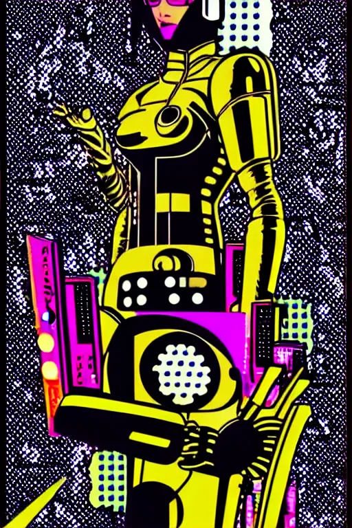 Image similar to futuristic japanese cyberpunk by roy lichtenstein, by andy warhol, ben - day dots, pop art, bladerunner, pixiv contest winner, cyberpunk style, cyberpunk color scheme, mechanical, high resolution, hd, intricate detail, fine detail, 8 k