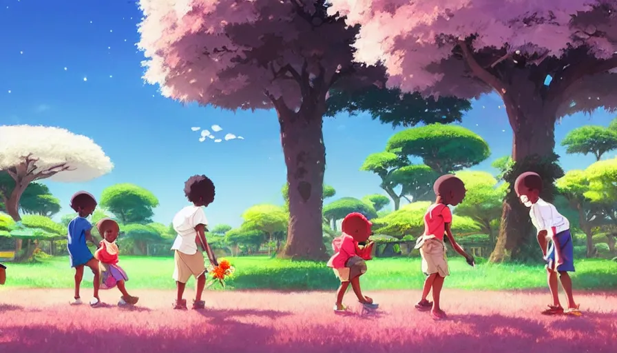 Image similar to african toddlers and white toddlers playing together city park with flowers, artstation, elegant, highly detailed, digital painting, concept art, smooth, sharp focus, illustration, art by studio ghibli, fujita goro, atey ghailan, tom whalen, jean giraud 8 k