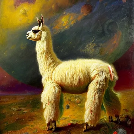 Image similar to detailed space portrait of a llama with dreadlocks, realistic creature concept, heroic pose, glowing starts in background, Ilya Repin oil painting