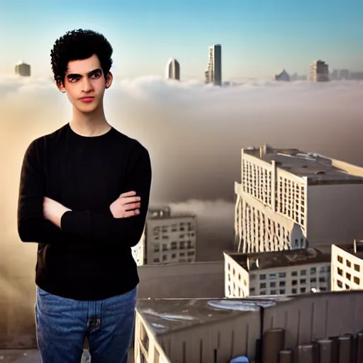 Image similar to un ultra high definition studio quality photograph portrait of a young man with black hair standing on one foot on the rooftop of an apartment building wearing eclectic clothes looking away from the camera. wide angle. sunny. art directed. clear. fog. three point light. extremely detailed. golden hour, golden ratio, ray tracing, volumetric light, shallow depth of field.