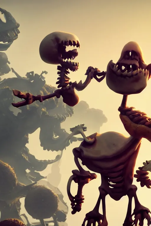 Prompt: a boss, happy skeleton skull boss, in the style of Rayman origins, michael ancel, Ruan Jia and Mandy Jurgens and Greg Rutkowski, trending on Artstation, award winning, unreal engine, octane render W 1024