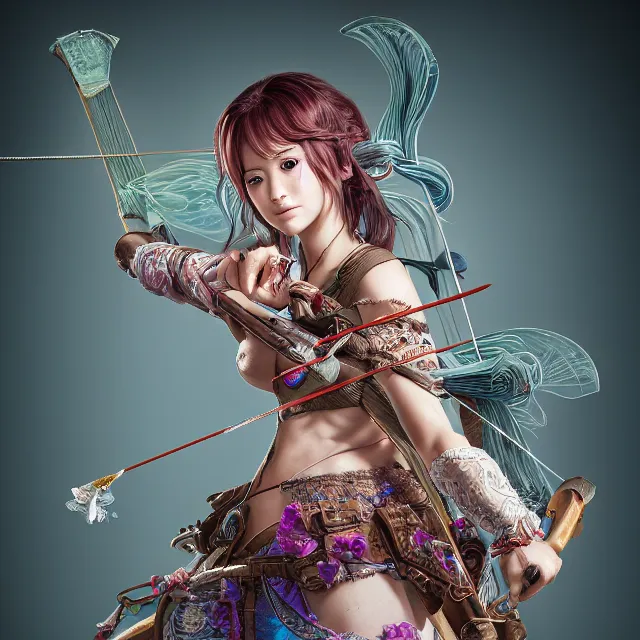 Image similar to the portrait of lawful neutral semi - colorful female archer socialite as absurdly beautiful, gorgeous, elegant, young gravure idol, an ultrafine hyperdetailed illustration by kim jung gi, irakli nadar, intricate linework, bright colors, octopath traveler, final fantasy, unreal engine 5 highly rendered, global illumination, radiant light, detailed and intricate environment