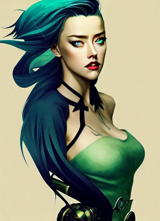 Image similar to style artgerm, joshua middleton, amber heard with green dress, very long blue hair, symmetrical face, symmetrical eyes, steampunk western gunslinger with cyborg arm, cinematic lighting