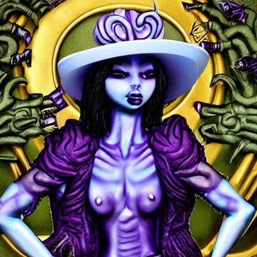 Prompt: the xenomorph queen wearing a purple floral dress and purple wide rimmed hat