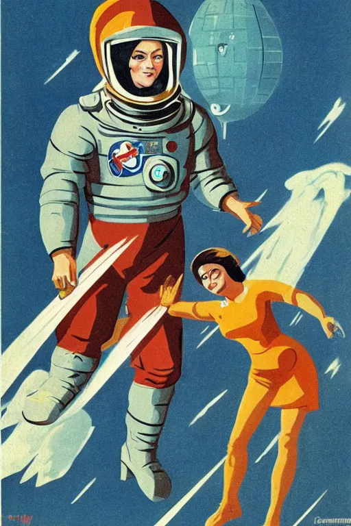 Image similar to Soviet propaganda art of a beautiful female cosmonaut fighting an alien.