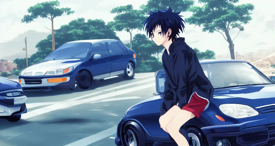 Image similar to closeup of a high definition anime guy with short dark blue hair and black streetwear clothing riding a dark red 1996 Hyundai Accent car with armenia quindio in the background, Artwork by Makoto Shinkai, pixiv, 8k, official media, wallpaper, hd