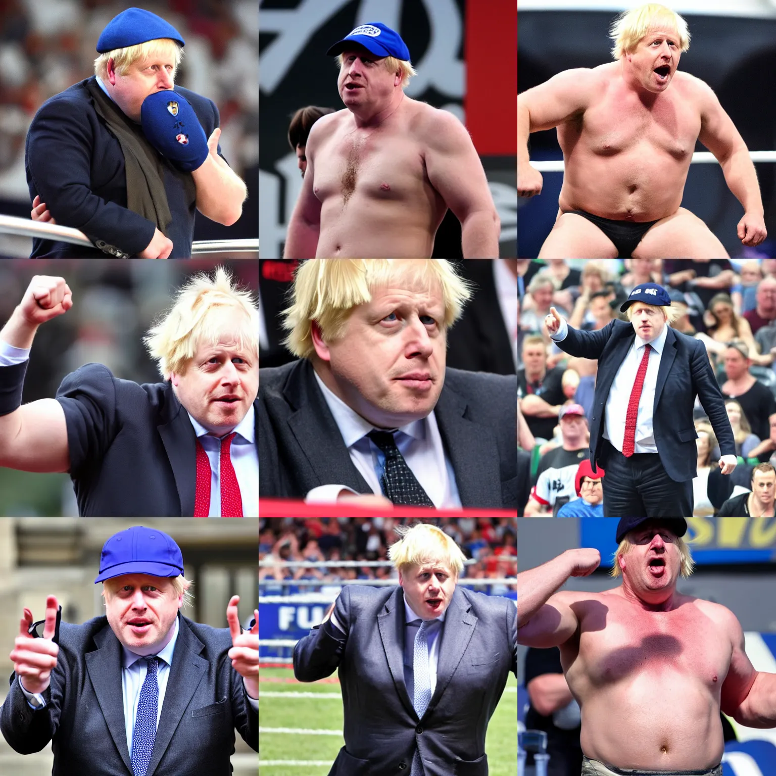 Prompt: boris johnson as an angry muscular wwe wrestler wearing a cap hat. he is looking closely at one of his hands while it's wide open