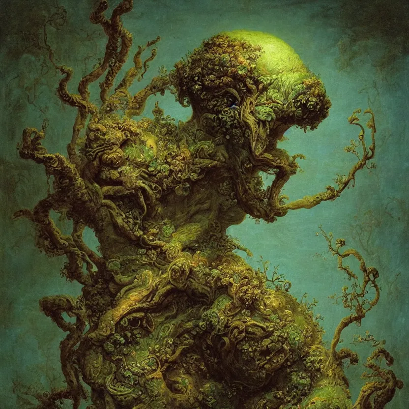 Image similar to a close - up rococo portrait of an alien creature covered in moss, mushrooms, and swamp, 1 8 th century painting by jean - honore fragonard and moebius. gloomy blue green environment, blurry organic dark background. sci - fi renaissance masterpiece. artstation