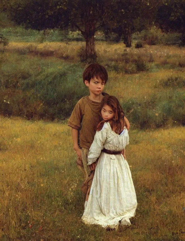 Prompt: peasant boy and girl first kiss, secretly on a village, Cinematic focus, Polaroid photo, vintage, neutral colors, soft lights, foggy, by Steve Hanks, by Serov Valentin, by lisa yuskavage, by Andrei Tarkovsky 8k render, detailed, oil on canvas