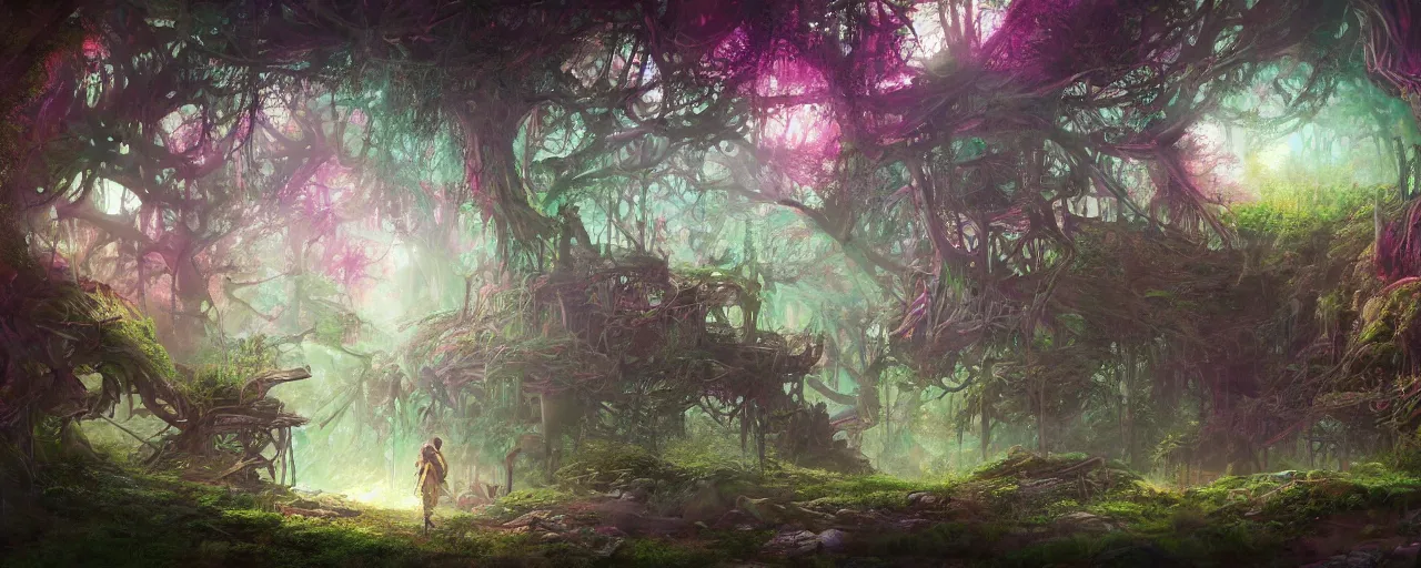 Image similar to detailed concept art illustration colorful pastel painting of a magical sci-fi fantasy forest in full intricate detail, ultra detailed, digital art, octane render, 4K, dystopian, micro details
