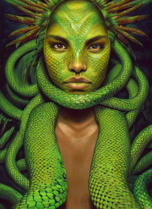 Image similar to the ayahuasca vine plant spirit mixed with the face of a beautiful indigenous woman with a third eye in the jungle, green snake skin and yellow snake eyes, beautiful colors, matte painting, by christophe vacher