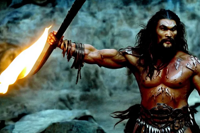 Prompt: film still from conan the barbarian, jason momoa as conan holding a torch in the catacombs of evil, fantasy armor, volumetric lighting, mist, wet skin and windblown hair, muscular!!!, masculine pose, ridley scott