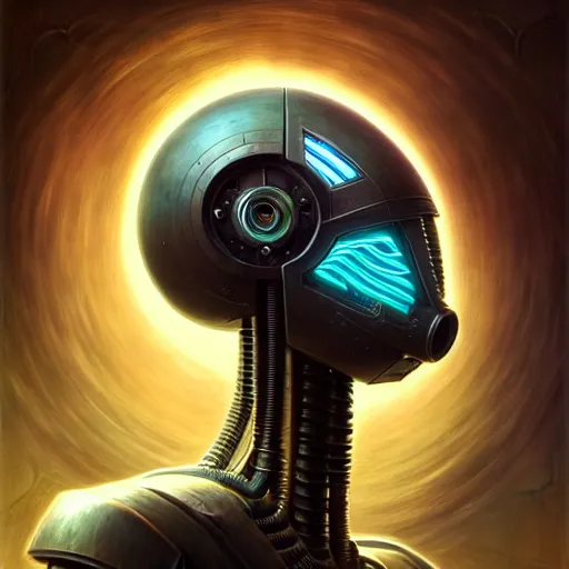 Image similar to low angle shot of a cyberpunk gazmask robot character, intricate, elegant, highly detailed, centered, digital painting, artstation, concept art, smooth, sharp focus, illustration, artgerm, Tomasz Alen Kopera, Peter Mohrbacher, donato giancola, Joseph Christian Leyendecker, WLOP, Boris Vallejo