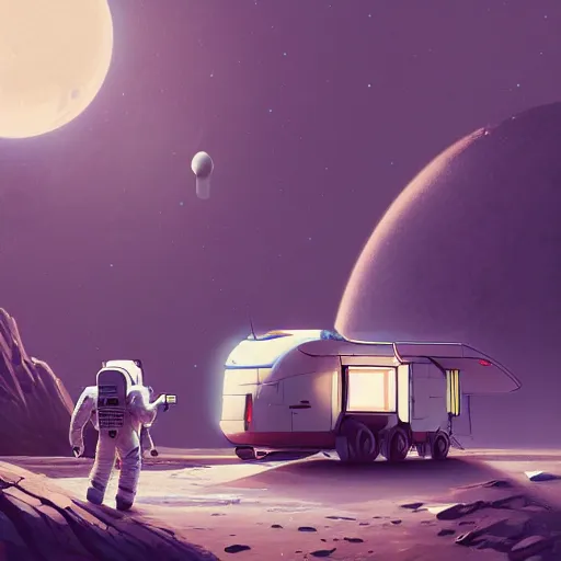 Image similar to ilustration astronaut unloading the spaceship before camping, characterized by roman shipunov, etienne hebinger, atey ghailan, cgsociety, cynical realism, fantasy art, 2 d game art