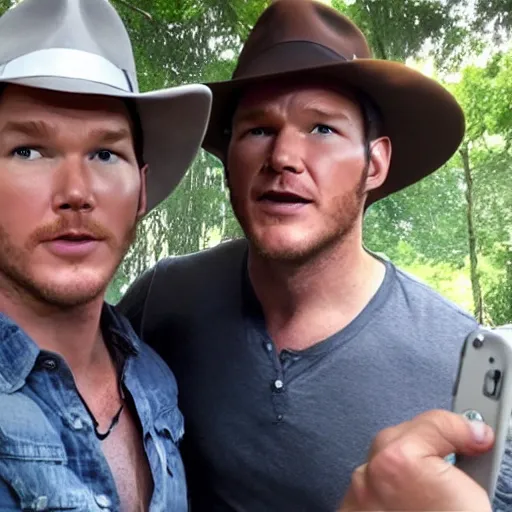 Image similar to chris pratt as indiana jones taking a selfie with harrison ford, instagram, cinematic, natural lighting, genuine smile