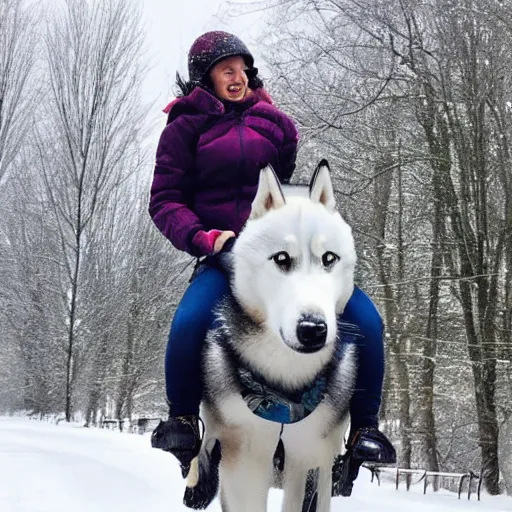 Image similar to girl riding a giant husky in the snow