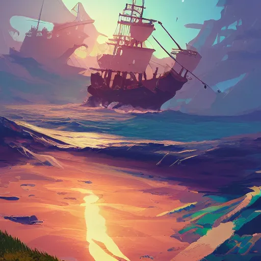 Prompt: Landscape of Pirates island and a pirate boat by Makoto Shinkai and James gilleard