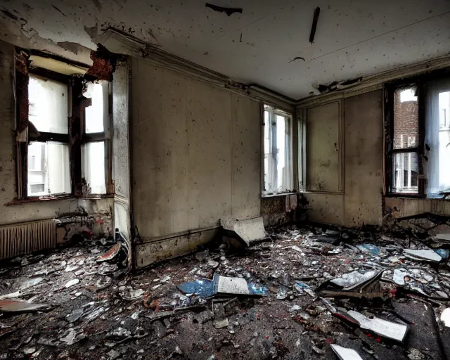 Prompt: Award winning photo of a living room of a flat abandoned a month ago, urban exploring, 4k, high quality