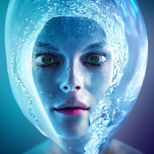 Image similar to water artwork manipulation in the shape of a beautiful human female head, on the ocean water, futuristic, glowing, gradient, hyper realistic, ray tracing, realistic water, sharp focus, long shot, 8 k resolution, cinematic, photoshop water art