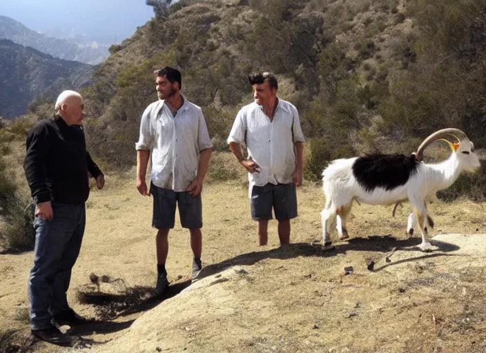 Image similar to three men who stare at goats, hollywood movie