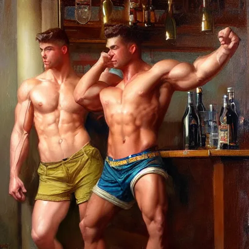 Image similar to attractive muscular male with brunet hair and attractive muscular male with blond hair. pants and shorts, drinking their hearts out, in a pub, close shot, very defined, highly detailed painting by gaston bussiere, j. c. leyendecker, craig mullins 8 k