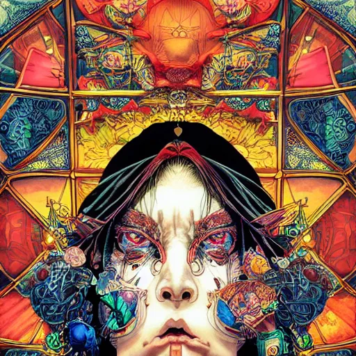 Image similar to portrait of crazy fortune teller, symmetrical, by yoichi hatakenaka, masamune shirow, josan gonzales and dan mumford, ayami kojima, takato yamamoto, barclay shaw, karol bak, yukito kishiro