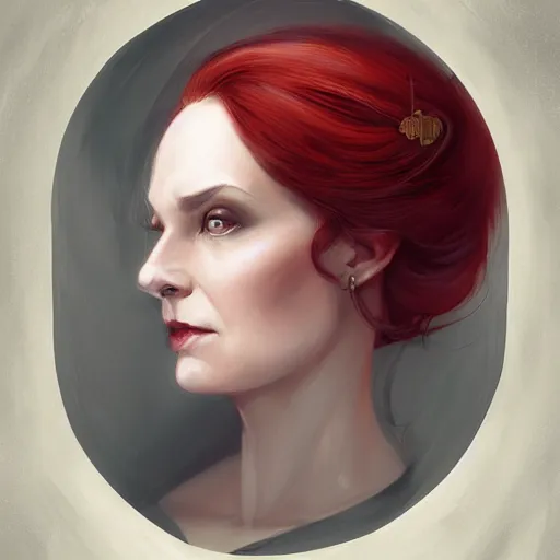 Image similar to a detailed matte head - on portrait painting of an middle - aged tiefling elegant and distinguished noblewoman with golden eyes and short long flowing red hair, by charlie bowater, lise deharme, wlop, tending on arstation, dungeons and dragon, dnd, pathfinder, fanart, oil on canvas