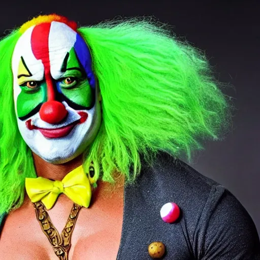 Image similar to dwayne johnson in a funny clown suit with a ridiculous green wig