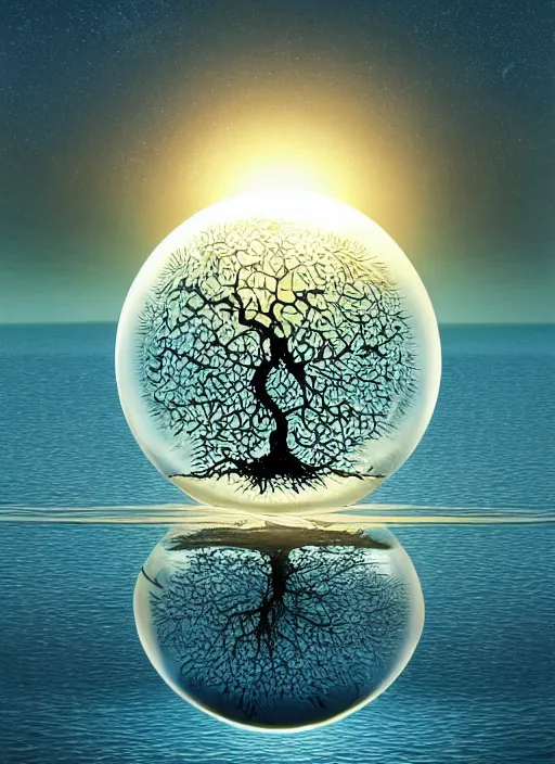 Image similar to transparent horizontally centered crystal sphere floating over a serene lake, tree of life inside the ball, intricate details, radiant light, reflections on the water, ripples, moody sky, hyperdetailed illustration by yuumei, by mark brooks, john harris, artstation, low global light, coherent composition