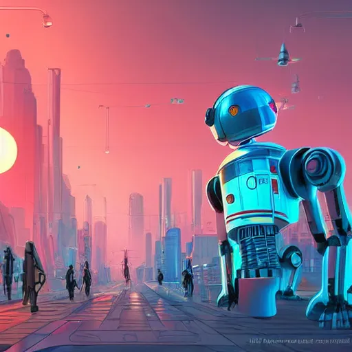 Prompt: beautiful 3 d illustration about a futuristic, dystopian street with droids and robots at sunset. lot of neons. trending on artstation