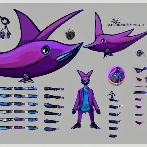 Prompt: character design sheets for a colorful gothic mantaray who sells spray paint cans and is always covered in paint and clay, designed by splatoon nintendo, inspired by tim shafer psychonauts 2 by double fine, cgi, professional design, gaming