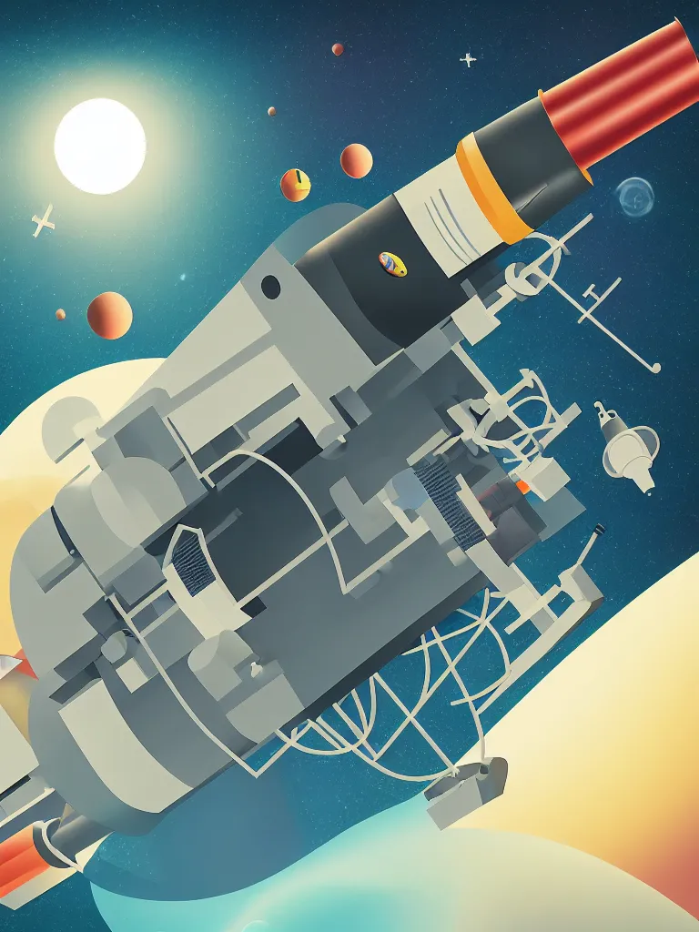 Image similar to editorial illustration scientific lab test tube telescope microscope spaceship artificial satellite, dynamic composition, detailed, matte print, dynamic perspective, colorful modern, mads berg