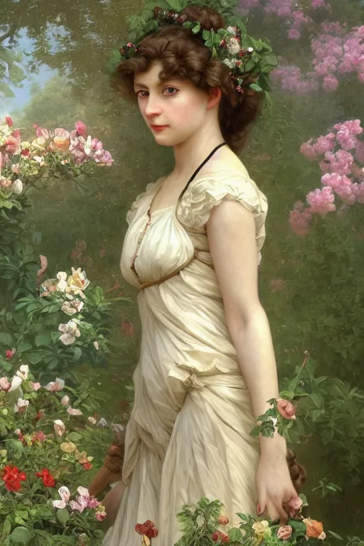 Prompt: art nouveau sensual queen of the garden full body portrait, loving amber eyes, a shy face, style portrait painting of François Boucher, Oil Painting, unreal 5, DAZ, hyperrealistic, octane render, Regal, Refined, Detailed Digital Art, RPG portrait, William-Adolphe Bouguereau, Michael Cheval, dynamic lighting, Highly Detailed, Cinematic Lighting, Unreal Engine, 8k, HD