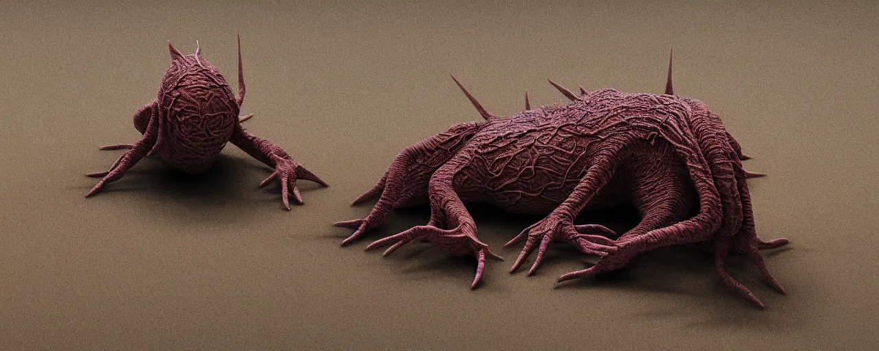 Image similar to a strange creature sitting on the floor in the home room, film still from the movie directed by Denis Villeneuve with art direction by Zdzisław Beksiński, close up, telephoto lens, shallow depth of field, beautiful detailed intricate insanely detailed octane render, 8K artistic photography, photorealistic