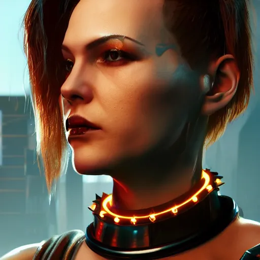 Image similar to female V from Cyberpunk 2077 wearing spiked choker, collar, choker, punk, collar, 4K, realistic, futuristic, spiked collar, artstation, wallpaper,