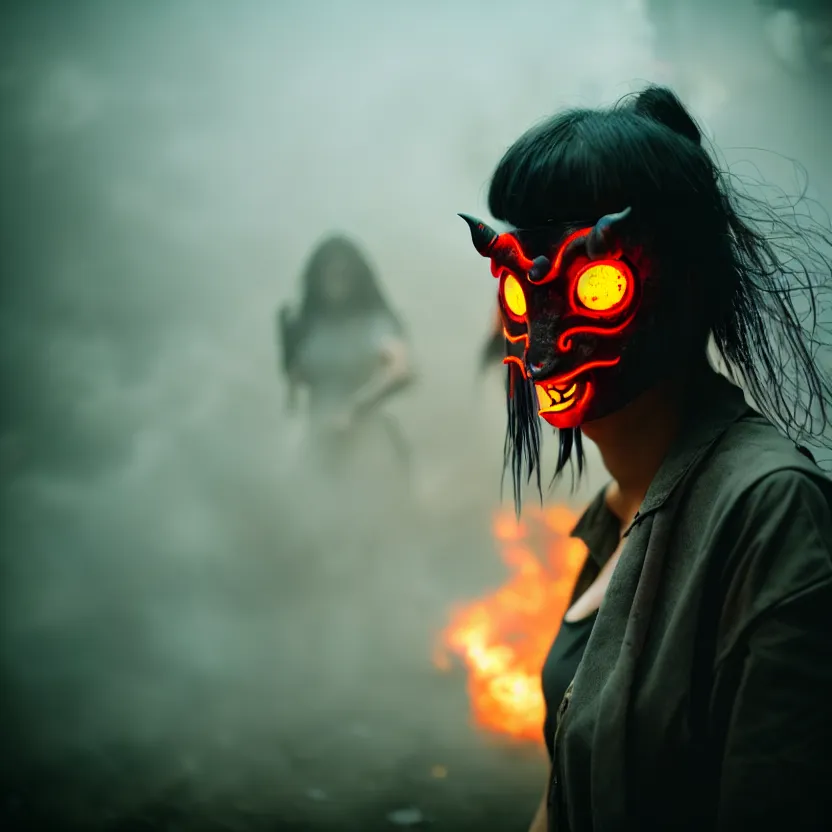 Image similar to a photo close up cyberpunk woman, wearing oni mask, fire dance in cyberpunk dirty alley, smoke mist rain, cyberpunk gunma prefecture, midnight, photorealistic, cinematic color, studio lighting, highly detailed, bokeh, style by tomino - sama
