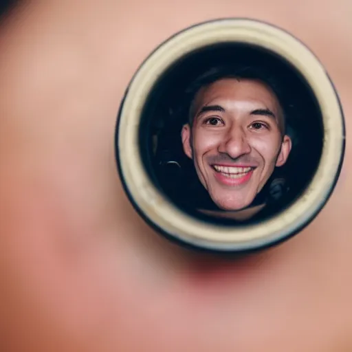 Image similar to Fisheye lens 1 inch from a man's face as he smiles widely