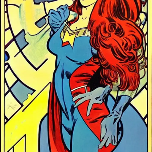 Image similar to a woman with red hair. she is a superhero, wearing a superhero costume. well composed, clean elegant painting, beautiful detailed face. retro comic book art by steve ditko and jack kirby and ( alphonse mucha )