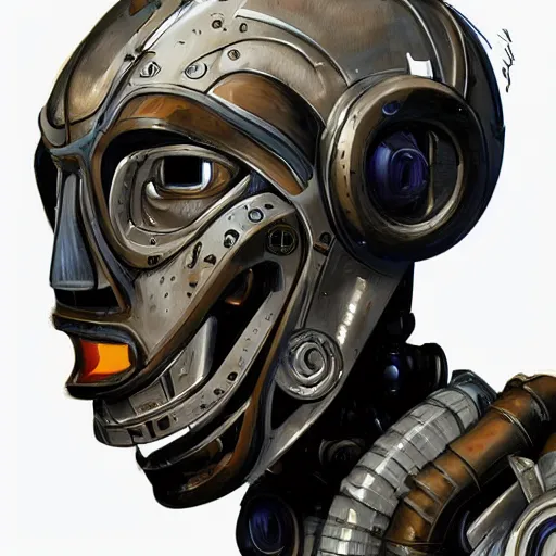 Image similar to concept art portrait of a diesel punk robot, by cam sykes. an intricate, elegant, highly detailed digital painting, concept art, smooth, sharp focus, illustration, in the style of syd mead.