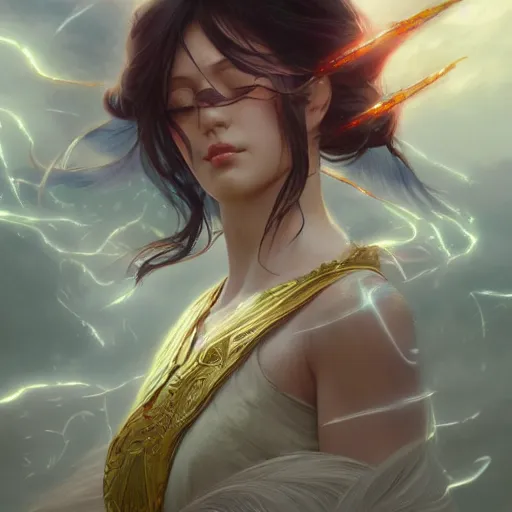 Image similar to Japanese lightning goddess, D&D, highly detailed, digital painting, artstation, concept art, sharp focus, illustration, cinematic lighting, art by artgerm and greg rutkowski and alphonse mucha