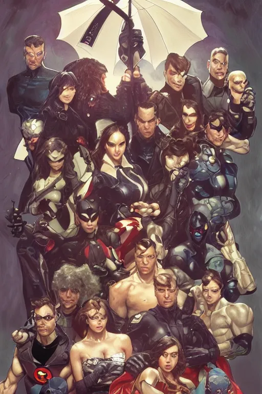 Image similar to group portrait of the Umbrella Academy, superheroes, fantasy, highly intricate, elegant, realistic faces, highly detailed, digital painting, artstation, concept art, smooth, sharp focus, group photo, illustration, art by artgerm and greg rutkowski and alphonse mucha