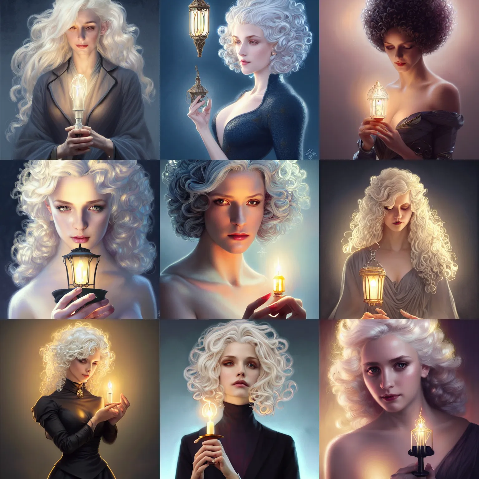 Prompt: platinum blonde curly hair, dark suit, delicate girl, long nails, holding a lantern, closeup, D&D, fantasy, intricate, elegant, highly detailed, digital painting, artstation, concept art, matte, sharp focus, illustration, art by Artgerm and Greg Rutkowski and Alphonse Mucha