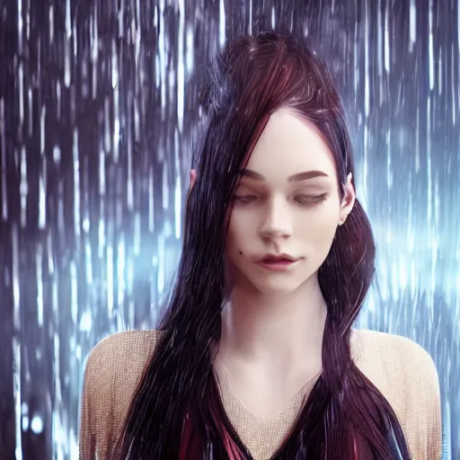 Prompt: a beautiful girl with long blue ponytail, bangs, pale skin, wearing red formal attire, highly detailed, 8 k, octane render, professional portrait, realistic oil painting, rainy window, water droplets frozen in time, god rays,