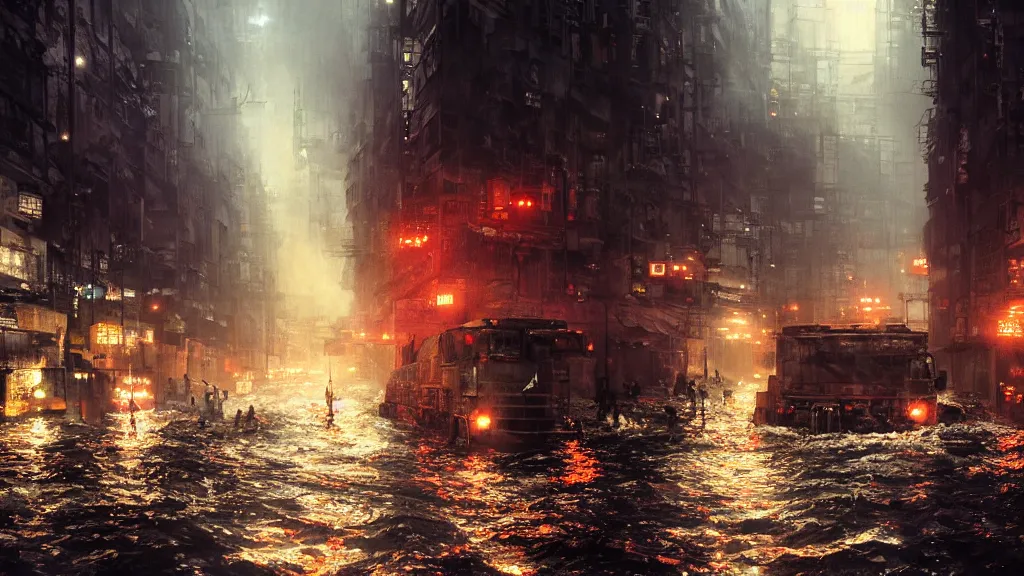 Image similar to dramatic Photorealistic, Matte Painting of a freight ship with bright head lights traveling down a busy post apocalyptic deep flooded Hong Kong city street at night,dark Tall buildings by Greg Rutkowski,Craig Mullins,Hyperrealism,Beautiful dramatic moody lighting,Cinematic Atmosphere,Octane Rendering,8K