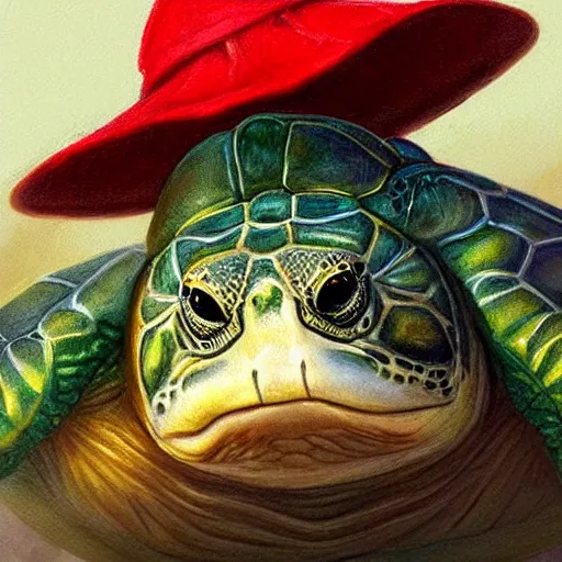 Image similar to cute pond turtle wearing a pope hat, D&D, fantasy, portrait, highly detailed, digital painting, trending on artstation, concept art, sharp focus, illustration, art by artgerm and greg rutkowski and magali villeneuve #pope francis #red ear slider turtle