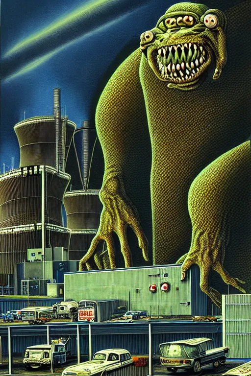 Image similar to a hyperrealistic detailed painting of a emergency chaos at the nuclear power plant, radioactive radiation monster eating the laboratory by chris cunningham and richard corben, highly detailed, vivid color,