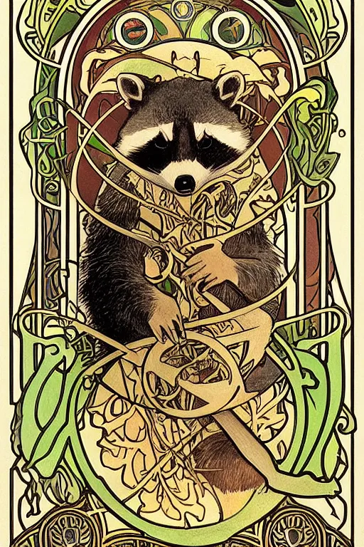 Prompt: Tarot card illustration of The Raccoon Playing a Tuba, illustration by Alphonse Mucha, art nouveau style, elaborate details, 4k