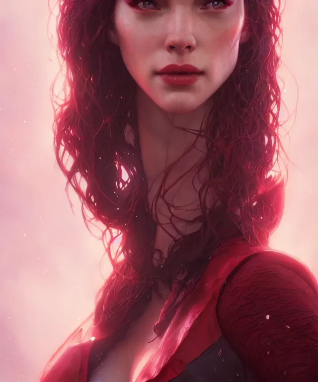 Image similar to Scarlet Witch, au naturel, hyper detailed, digital art, trending in artstation, cinematic lighting, studio quality, smooth render, unreal engine 5 rendered, octane rendered, art style by klimt and nixeu and ian sprigger and wlop and krenz cushart